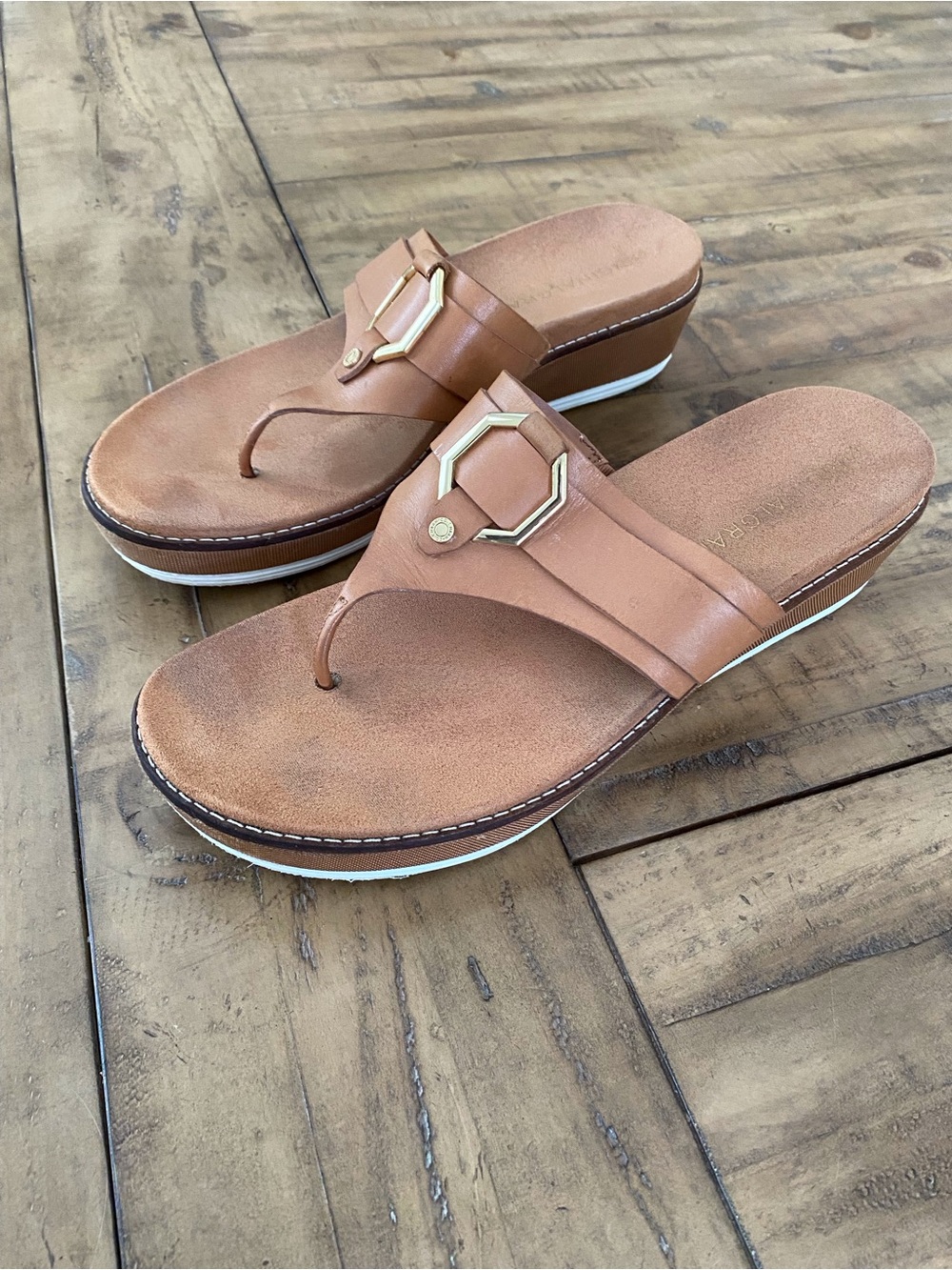 Cole Haan Tan Leather Wedge Thong Sandals with Gold Accent